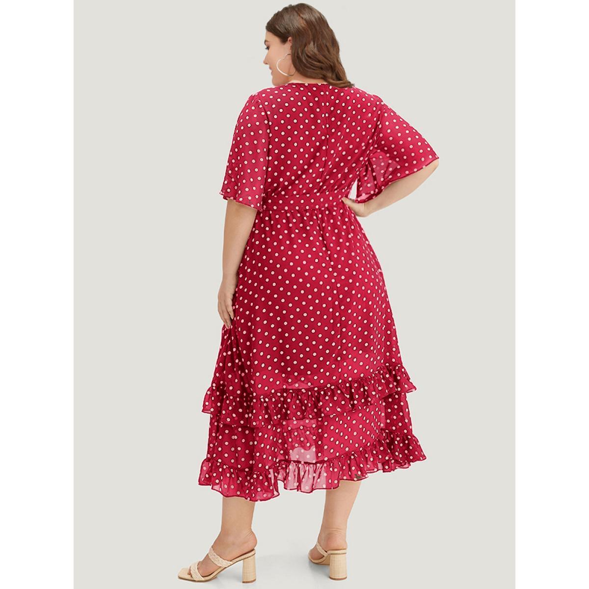 Plus Size Polka Dot Ruffles Pocket V Neck Mesh Belted Dress Raspberry Women Elegant Lined V-neck Short sleeve Curvy Midi Dress BloomChic 26/4X Product Image