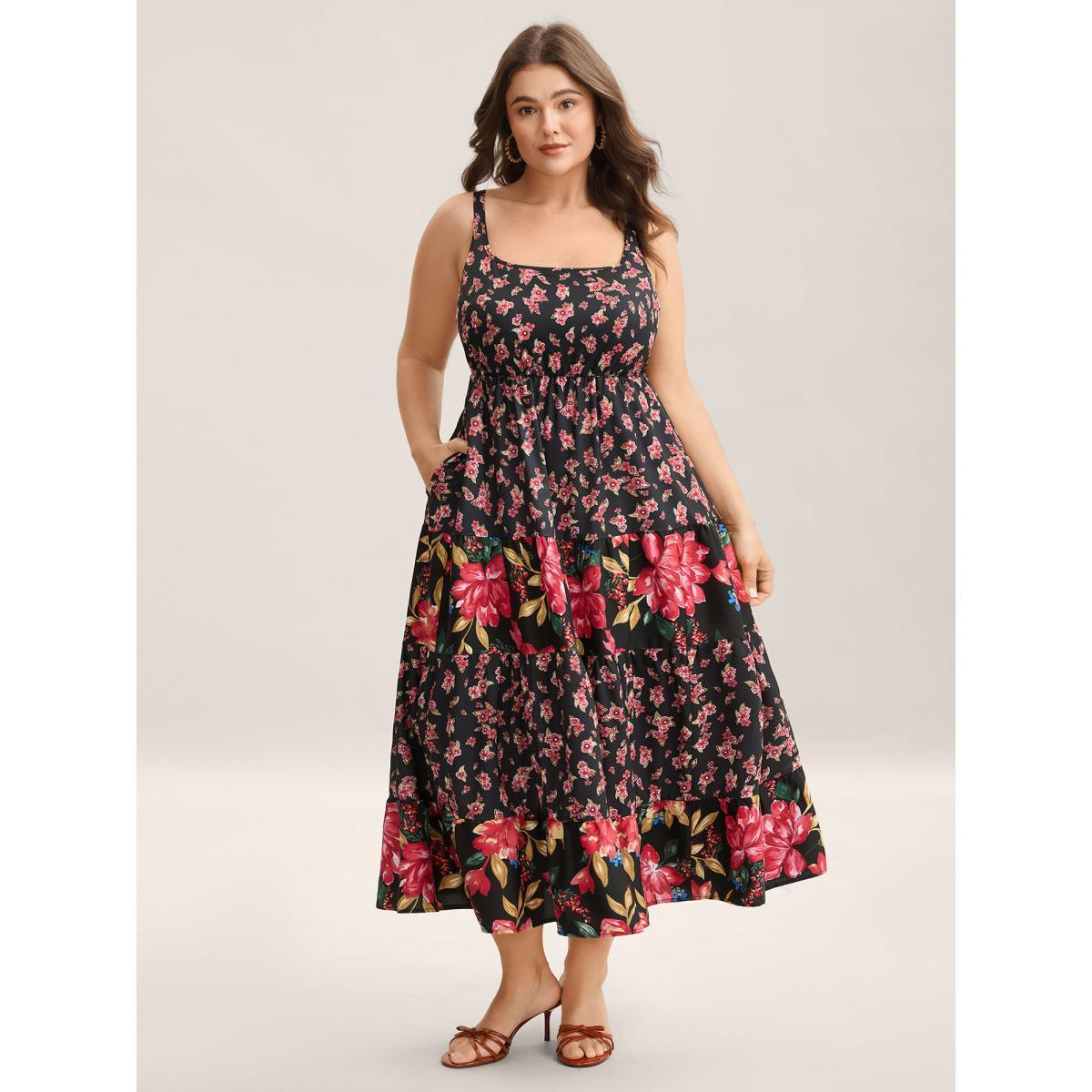 Plus Size Floral Print Spliced Cami Maxi Dress Black Women Square Neck Sleeveless Curvy BloomChic 22-24/3X Product Image