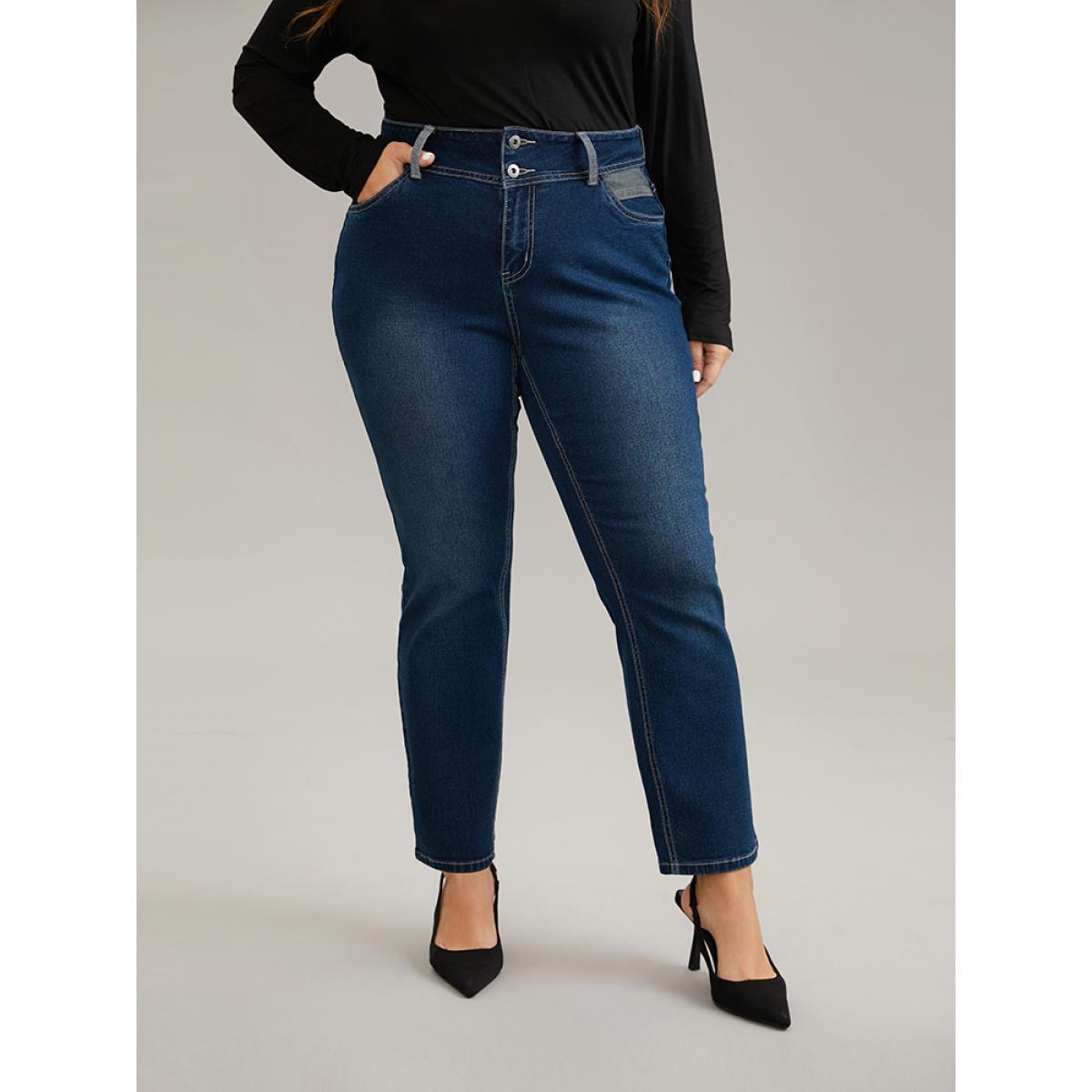 Plus Size Contrast Patchwork Dark Wash Straight Leg Jeans Women Indigo Casual Plain Contrast High stretch Pocket Jeans BloomChic 18/2X Product Image
