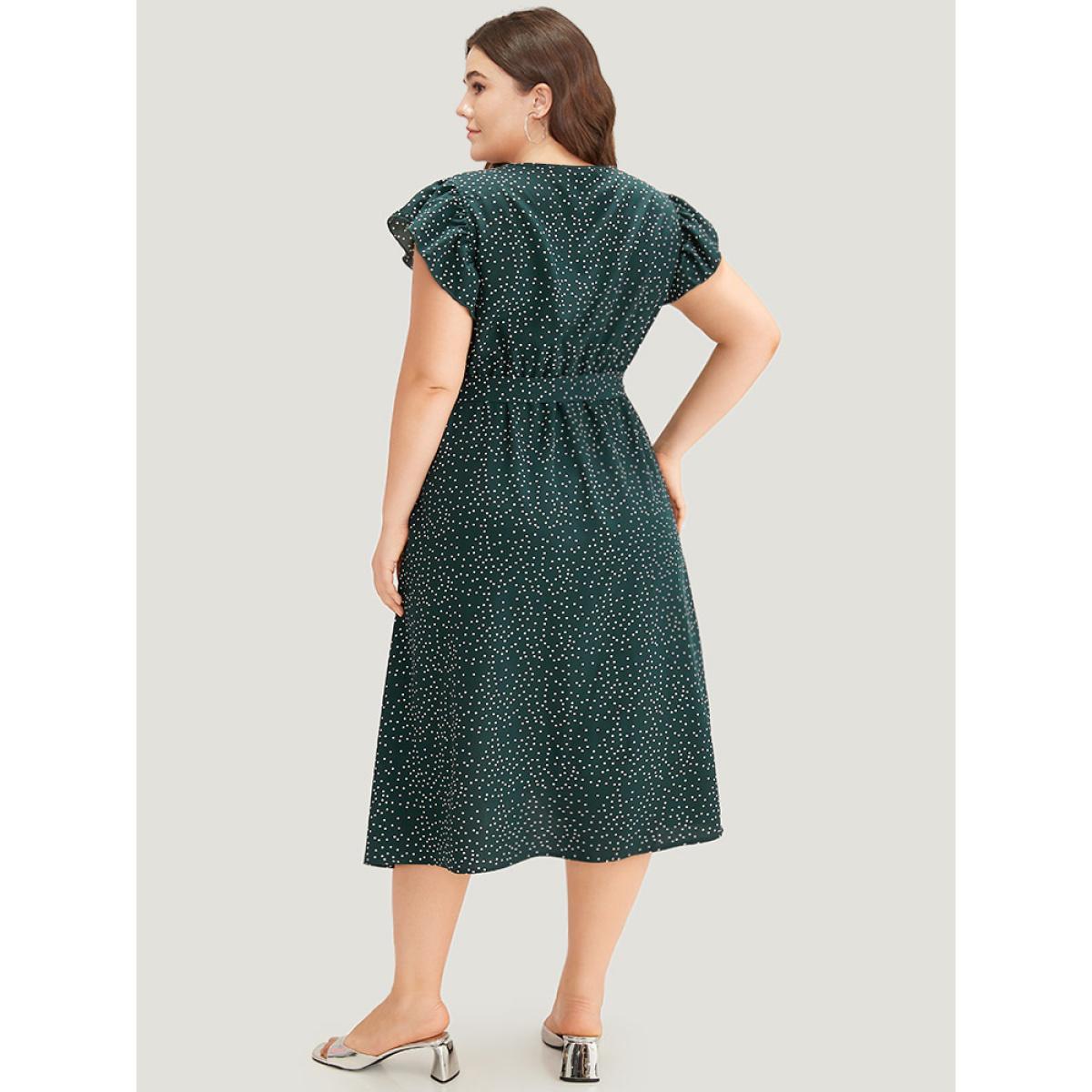 Plus Size Polka Dot Flutter Trim Button Detail Belted Dress Teal Women Office Belted V-neck Sleeveless Curvy Midi Dress BloomChic 22-24/3X Product Image