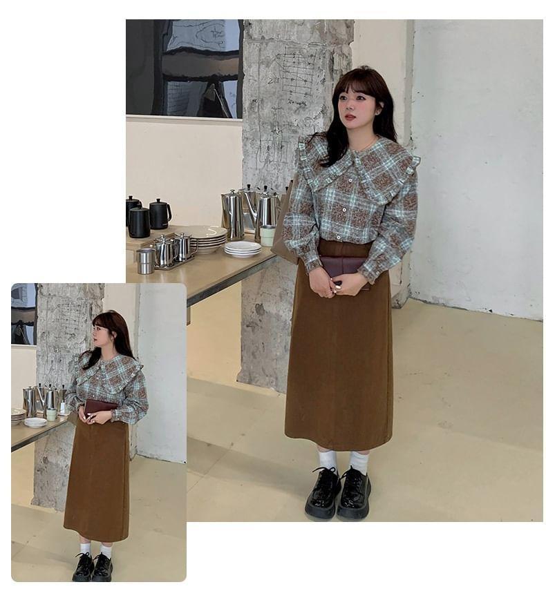 Plus Size Long-Sleeve Plaid Ruffle Shirt Product Image