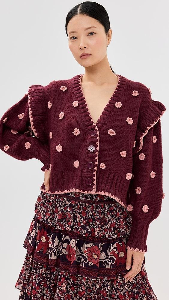 FARM Rio Burgundy Crochet Flowers Knit Cardigan | Shopbop Product Image