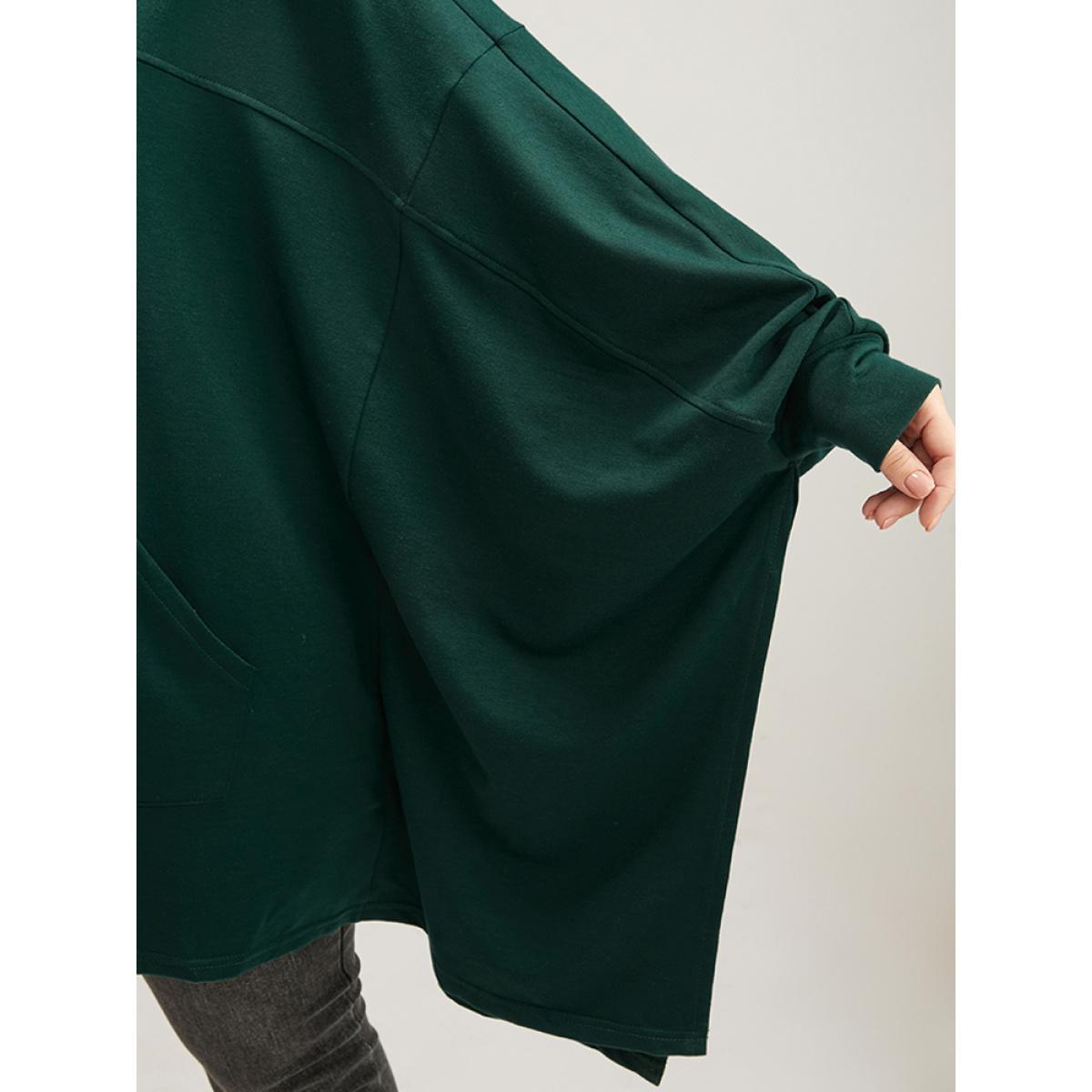 Plus Size Solid Pocket Dolman Sleeve Drawstring Sweatshirt Women DarkGreen Casual Asymmetrical Turtleneck Dailywear Sweatshirts BloomChic 18-20/2X Product Image