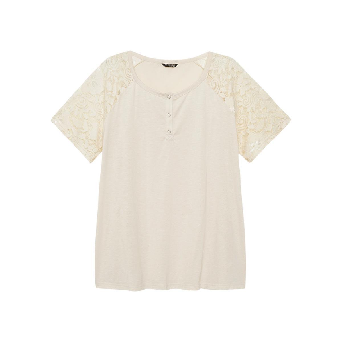 Plus Size Solid Raglan Sleeve Contrast Lace T-shirt Ivory Women Elegant Plain Round Neck Dailywear T-shirts BloomChic 22-24/3X Product Image
