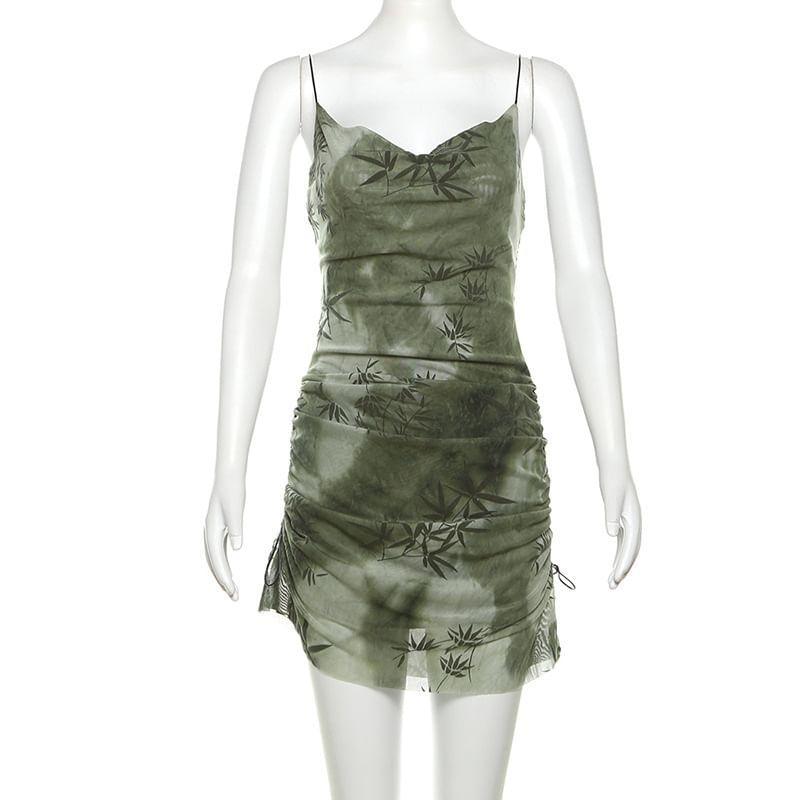Spaghetti Strap V-Neck Print Mini A-Line Dress Product Image