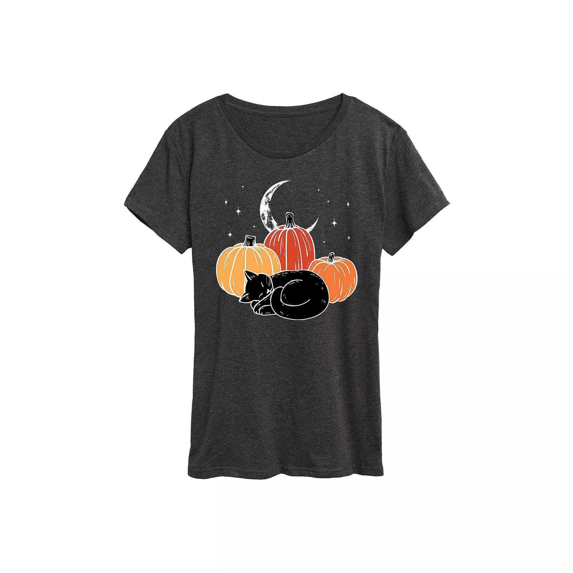 Womens Black Cat Pumpkin Nap Halloween Tee, Girls Grey Gray Product Image