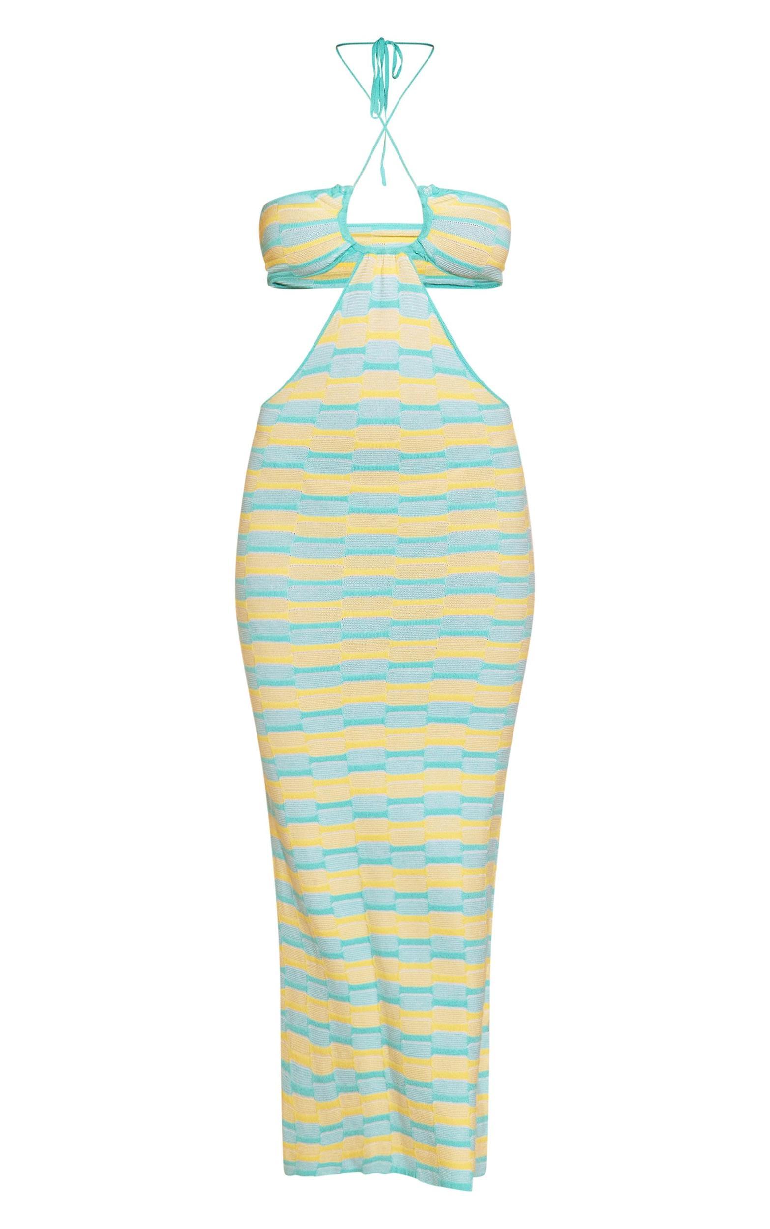 Turquoise Contrast Textured Knit Cut Out Halterneck Maxi Dress Product Image