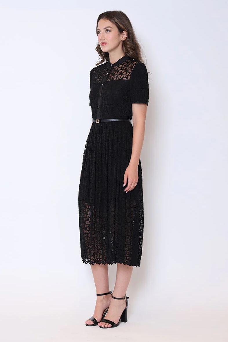 Lace Floral Button Front Mock Neck Belted Dress Product Image
