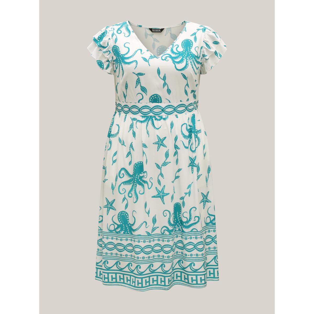 Plus Size Geometric Print V Neck Midi Dress Teal Women V-neck Cap Sleeve Curvy BloomChic 26/4X Product Image