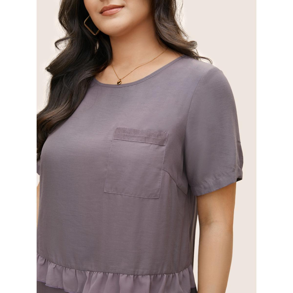 Plus Size Mauve Plain Tiered Ruffles Patched Pocket Blouse Women Casual Short sleeve Round Neck Everyday Blouses BloomChic 26/4X Product Image