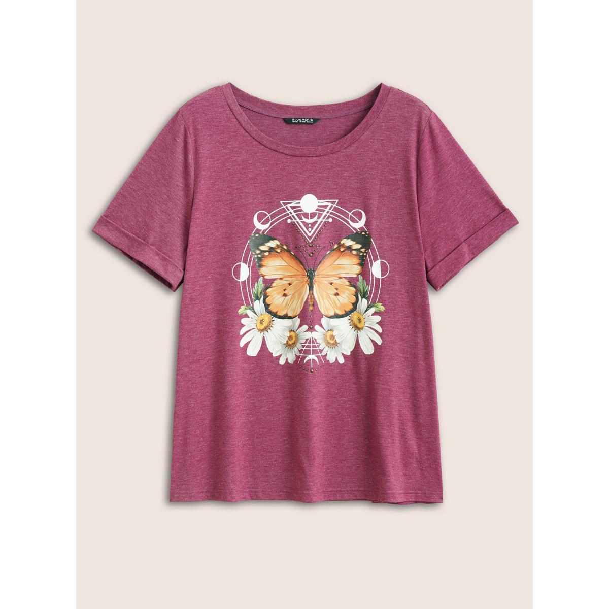 Plus Size Natural Flowers & Butterfly Print Rhinestone T-shirt Burgundy Women Casual Rhinestone detailing Animals Everyday T-shirts BloomChic 22-24/3X Product Image