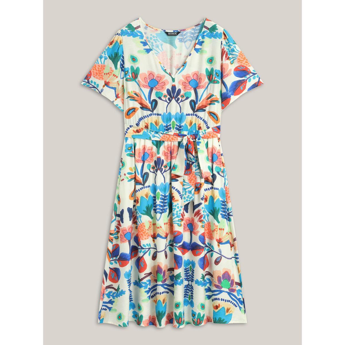 Plus Size Blooming Florals V-Neck Pockets Maxi Dress Multicolor Women V-neck Short sleeve Curvy BloomChic 26/4X Product Image