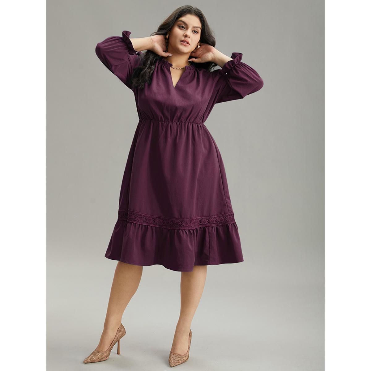 Plus Size Solid Frill Trim Guipure Lace Flutter Sleeve Dress Burgundy Women At the Office Plain Notched collar Long Sleeve Curvy Midi Dress BloomChic 18-20/2X Product Image