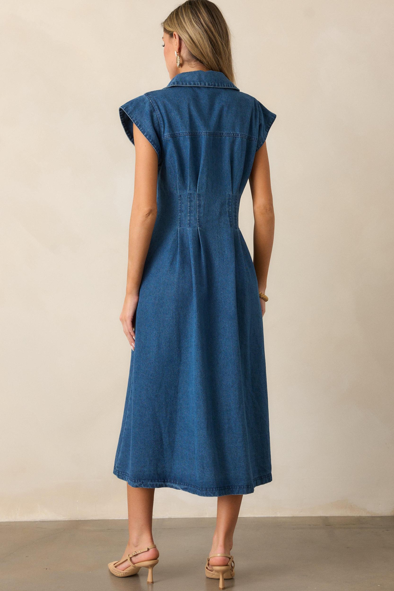 Classic Tea Party Dark Wash Denim Button Front Pleated Midi Dress Product Image