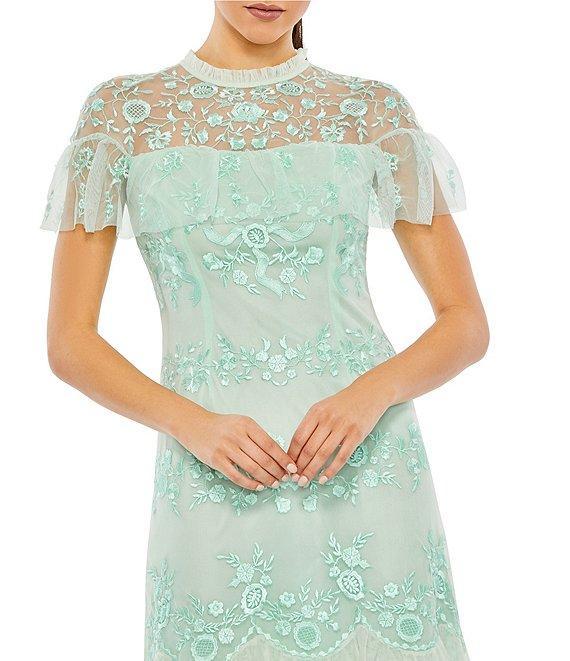 Mac Duggal Embroidered Mesh Illusion Crew Neck Cap Sleeve Ruffle Hem Dress Product Image