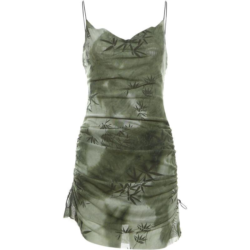 Spaghetti Strap Cowl Neck Leaf Print Drawstring Mini Bodycon Dress Product Image