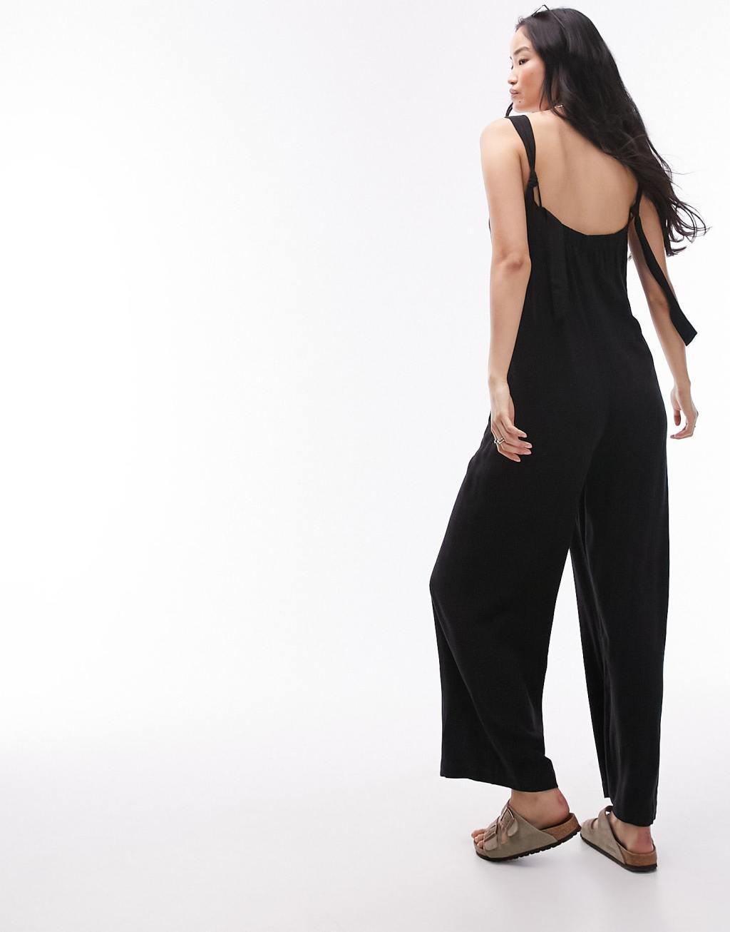 Topshop v neck button down knotted strap jumpsuit Product Image