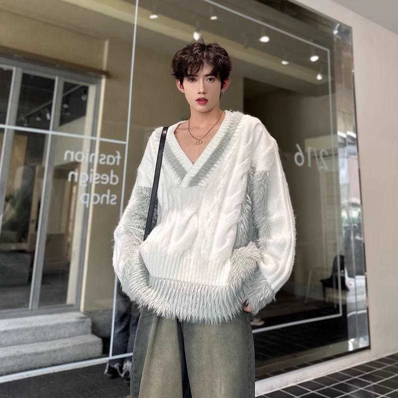 V-Neck Two Tone Fluffy Sweater Product Image