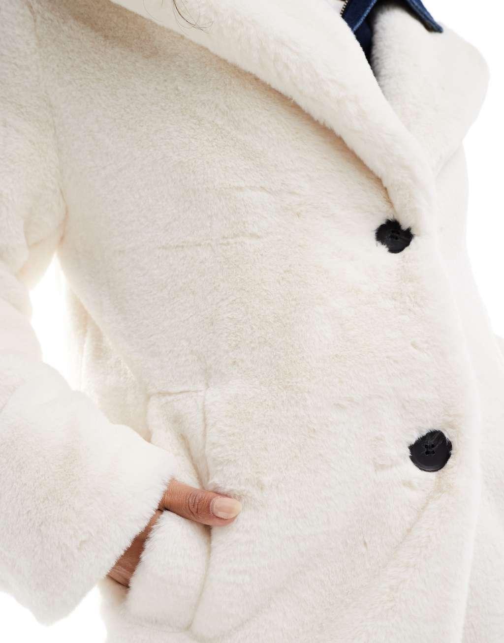 Bershka soft faux fur longline coat in ecru Product Image
