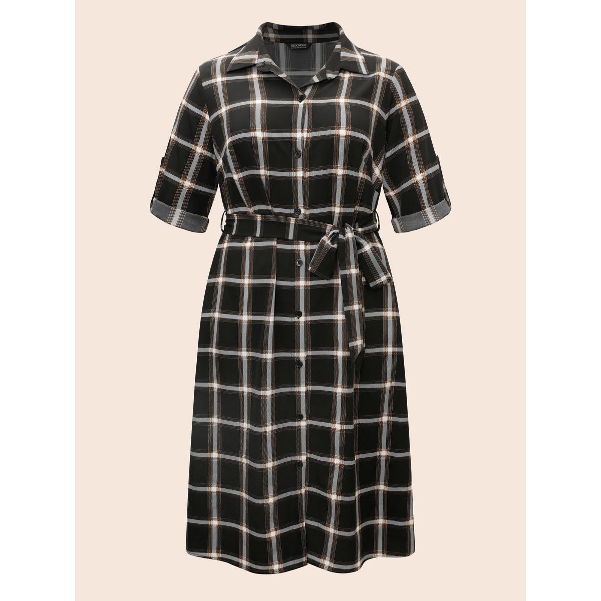 Plus Size Plaid Shirt Collar Belted Tab Sleeve Dress Black Women Elegant Belted Shirt collar Elbow-length sleeve Curvy BloomChic 14-16/1X Product Image