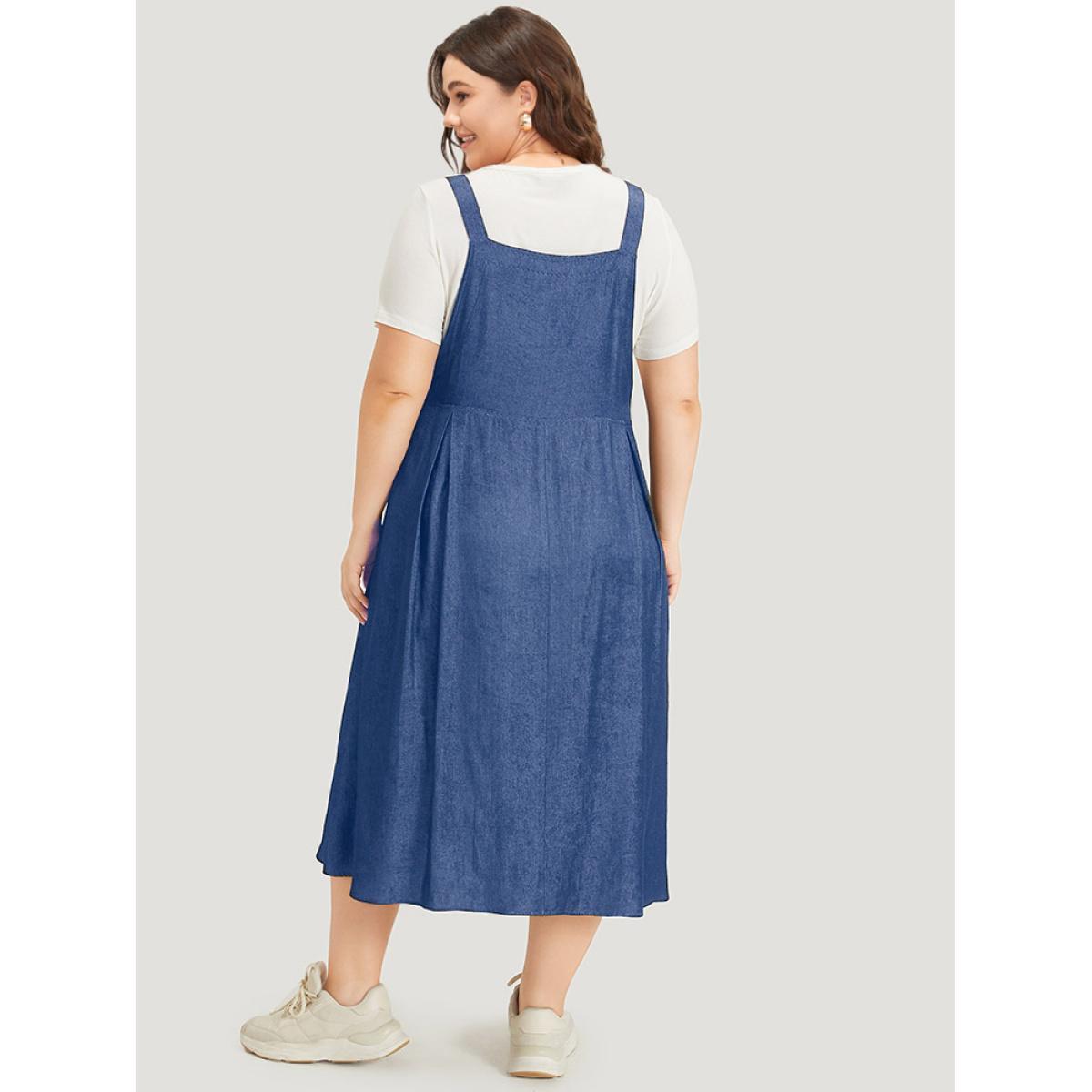 Plus Size Solid Sleeveless Gathered Pocket Overall Midi Dress Blue Women Casual Adjustable Straps Spaghetti Strap Sleeveless Curvy Midi Dress BloomChic 14-16/1X Product Image