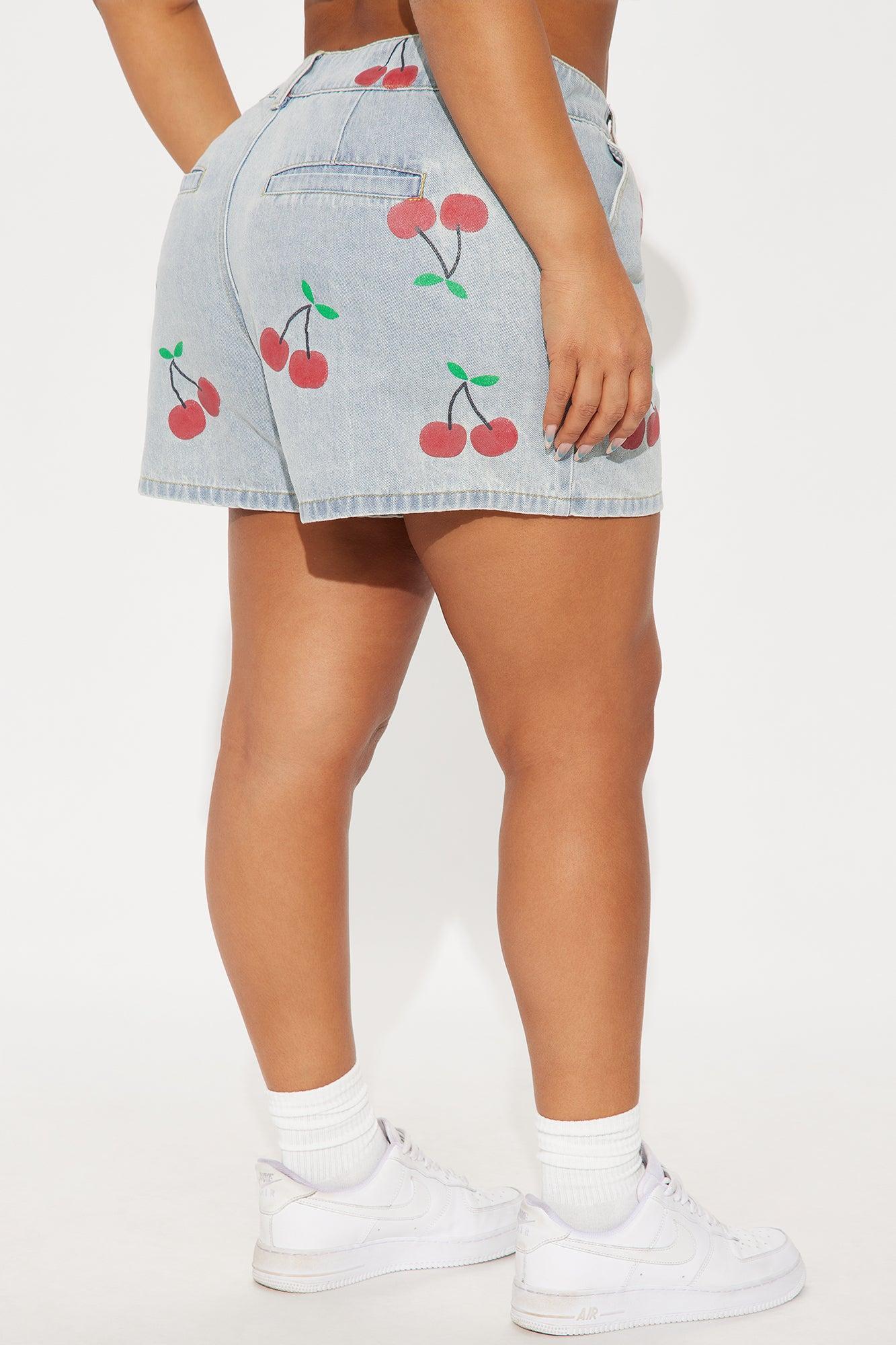 Cherry On Top Printed Denim Shorts - Light Wash Product Image