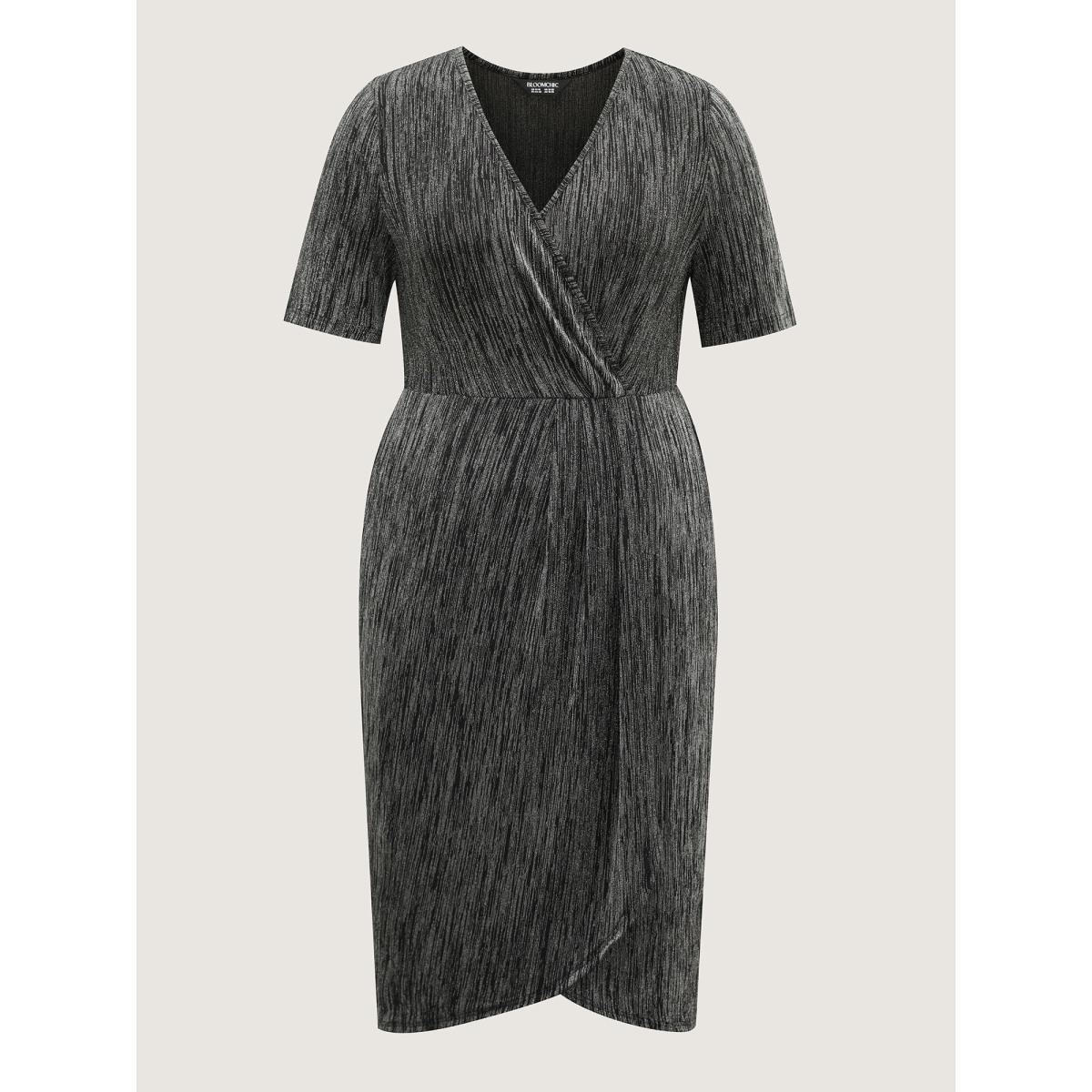 Plus Size Stretchy Asymmetrical Hem Surplice Midi Dress Black Women Overlapping Overlap Collar Short sleeve Curvy BloomChic 26/4X Product Image
