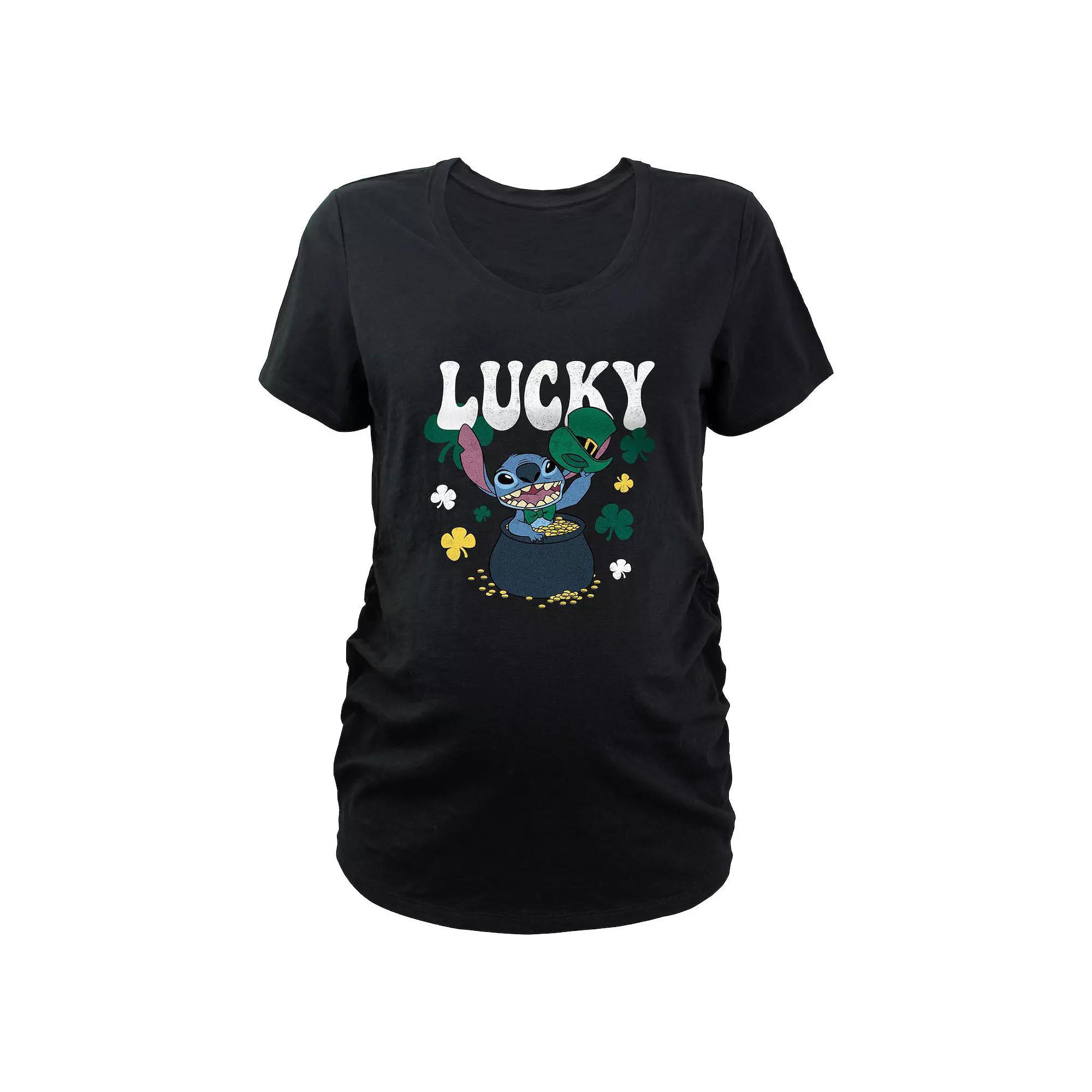 Disney's Lilo & Stitch Lucky Pot Of Gold Maternity Graphic Tee, Women's, Size: XXL-MAT, Black Product Image