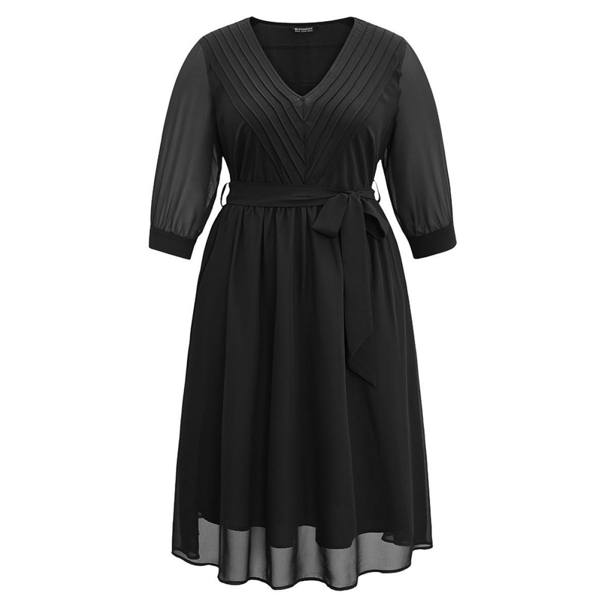 Plus Size Mesh Patchwork Belted Pleated Dress Black Women Elegant Lined V-neck Elbow-length sleeve Curvy Midi Dress BloomChic 26/4X Product Image