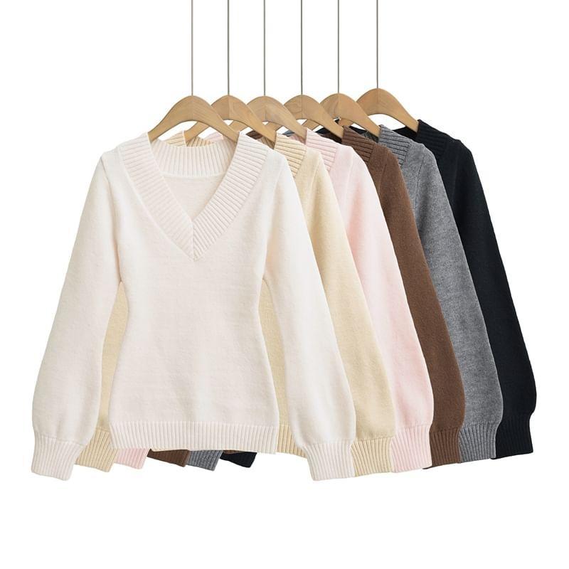 Puff-Sleeve V-Neck Plain Sweater Product Image