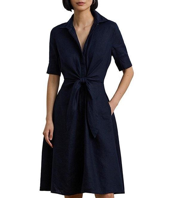 Lauren Ralph Lauren Linen Point Collar Elbow Sleeve Button Front Self Tie Fit-And-Flare Shirt Dress Product Image