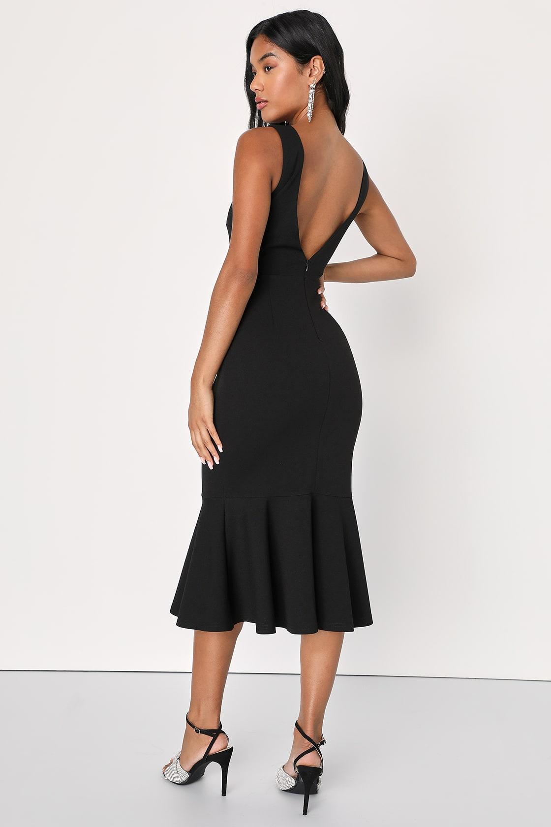 Moment Maker Black Square Neck Trumpet Midi Dress Product Image