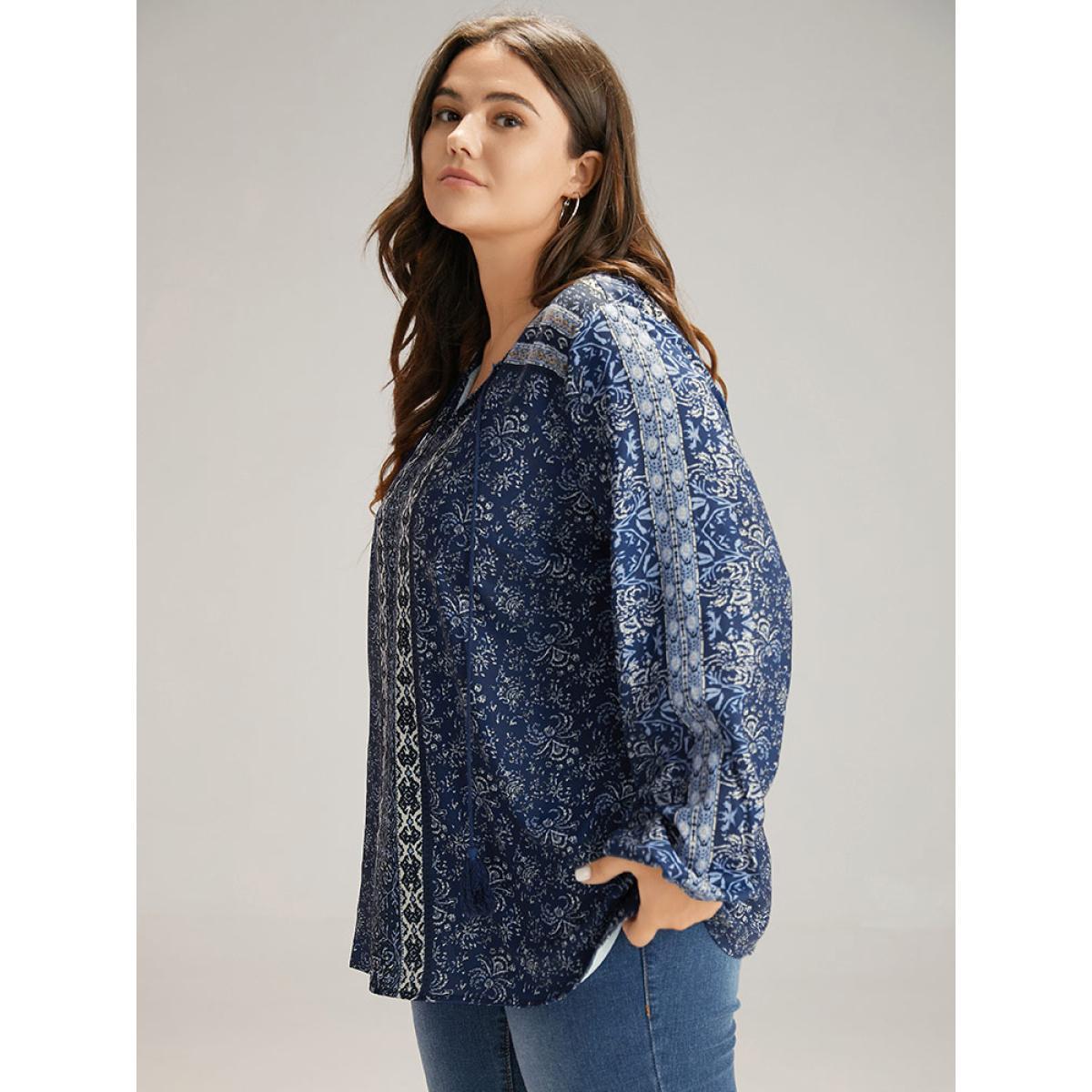Plus Size Indigo Bandana Print Tassels Ties Blouse Women Vacation Long Sleeve Tie Neck Dailywear Blouses BloomChic 14-16/1X Product Image