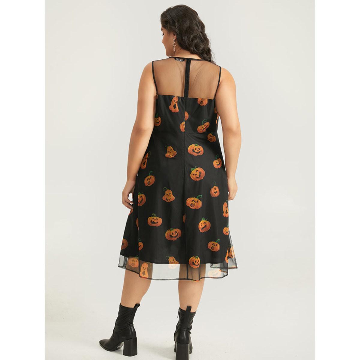 Plus Size Halloween Pumpkin Print Mesh Patchwork Tank Dress BlackFlower Women Elegant See through Round Neck Sleeveless Curvy Midi Dress BloomChic 30/6X Product Image