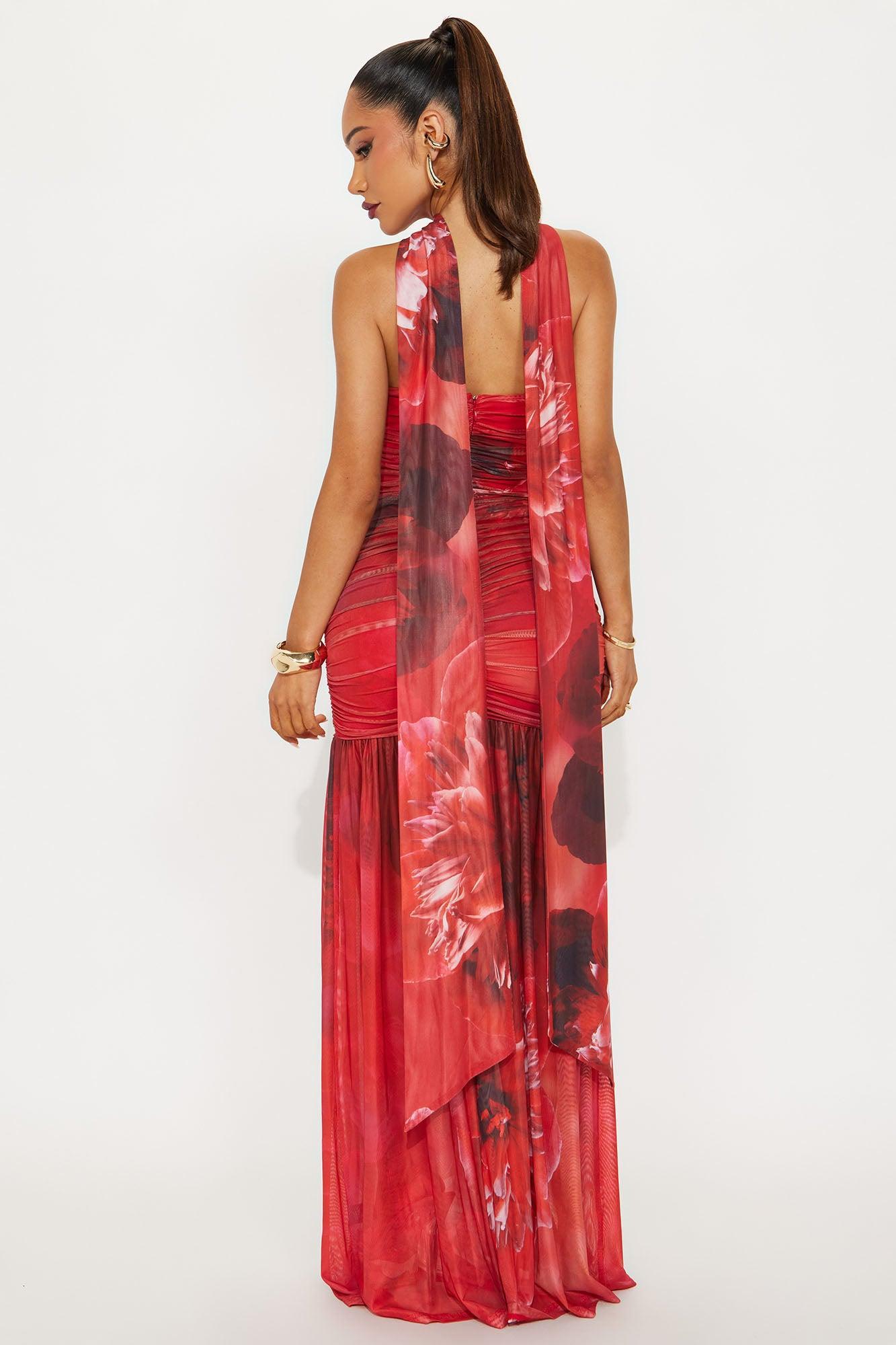 Mariana Floral Mesh Maxi Dress - Red/combo Product Image