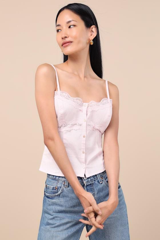Erice Blush Pink Lace Button-Front Cami Top Product Image