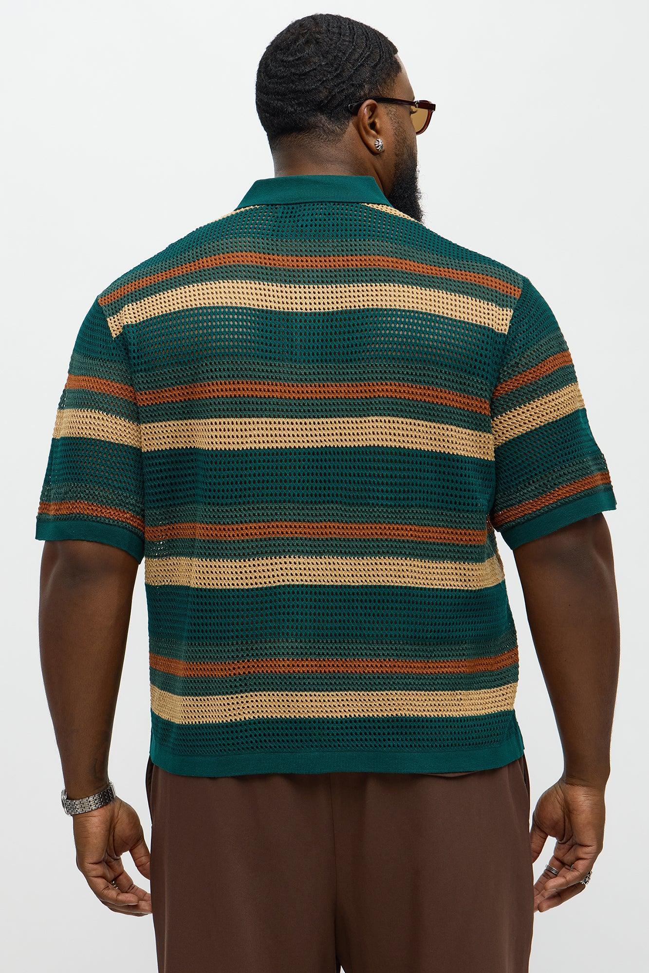 Regular Fit Striped Crochet Button Up Shirt - Teal Product Image