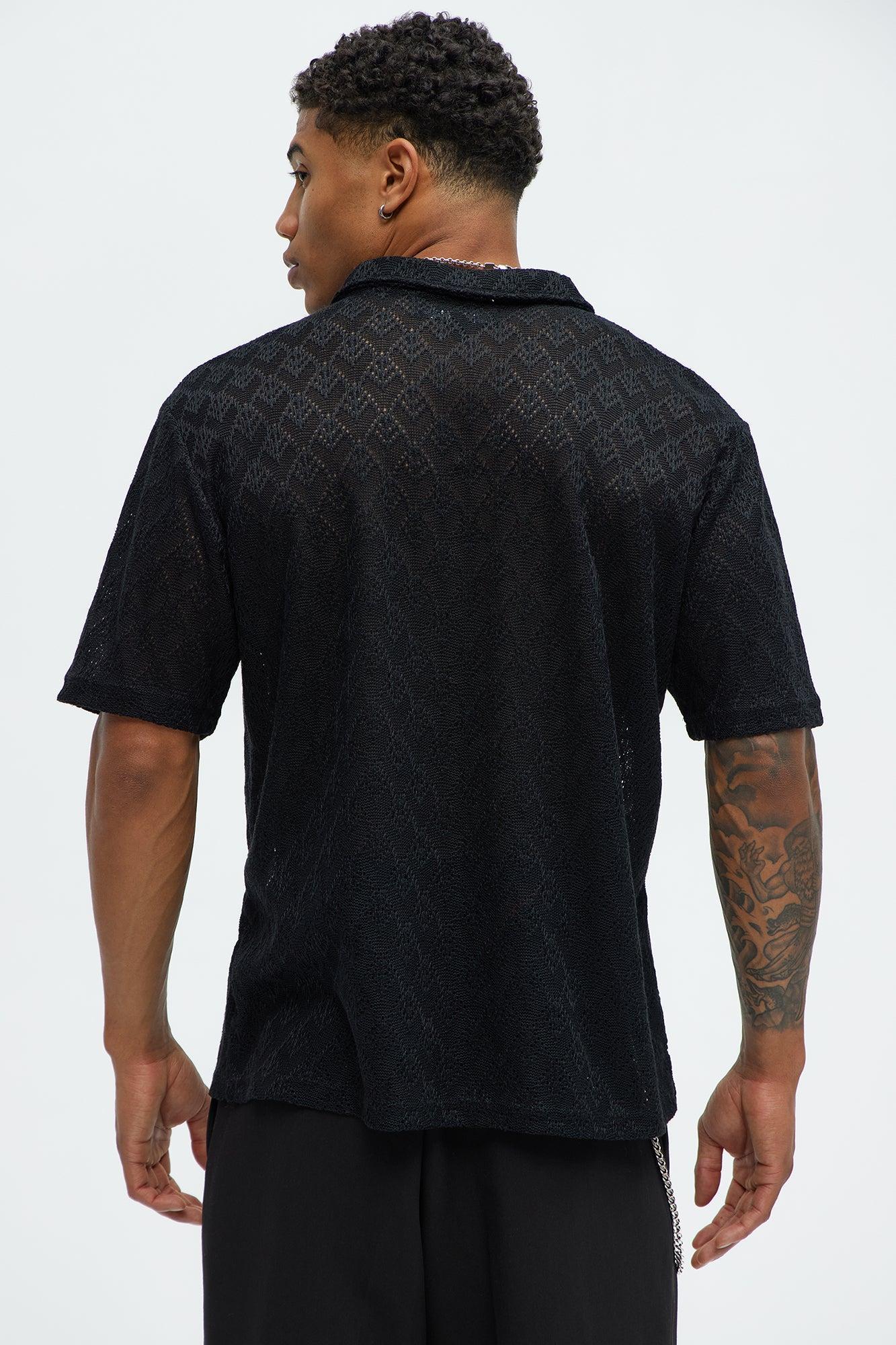 Diamond Shape Knit Johnny Collar Shirt - Black Product Image