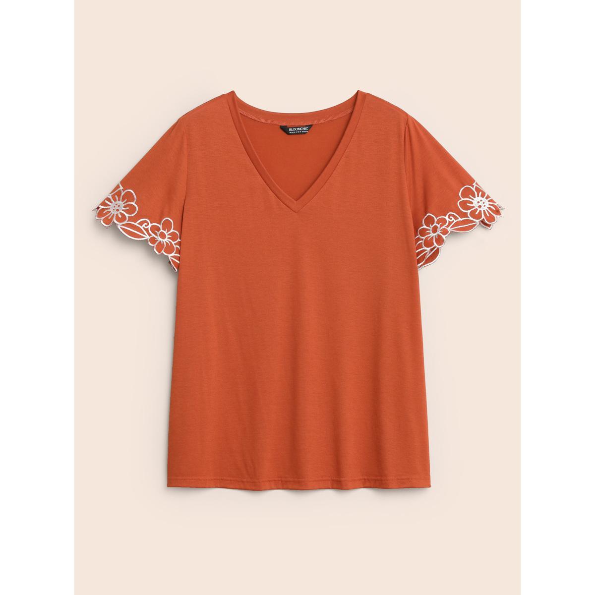 Plus Size V Neck Floral Embroidered T-shirt Rust Women Resort Embroidered V-neck Vacation T-shirts BloomChic 12/L Product Image