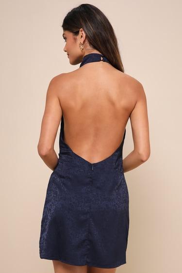 Simply a Stunner Navy Jacquard Cowl Backless Mini Dress Product Image