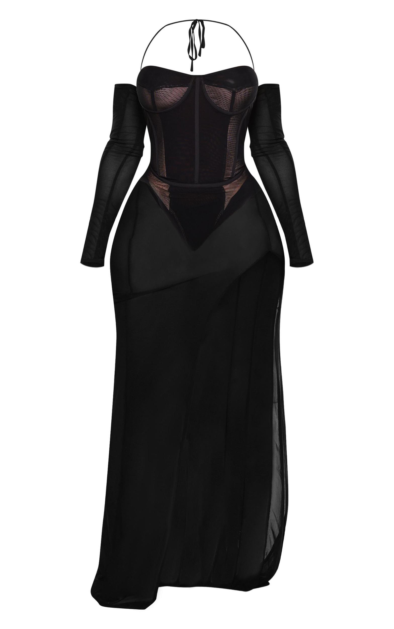 Plus Black Mesh Panelled Corset Maxi Dress Product Image