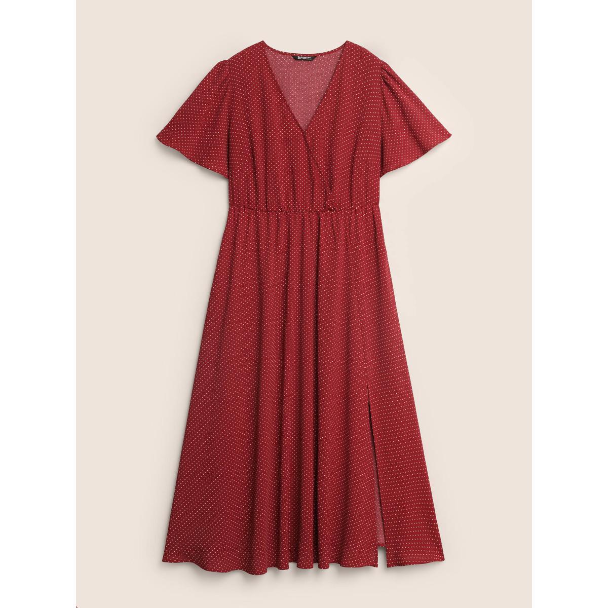 Plus Size Polka Dot Overlap Collar Split Hem Dress Scarlet Women Elegant Ruffles Overlap Collar Short sleeve Curvy BloomChic 26/4X Product Image