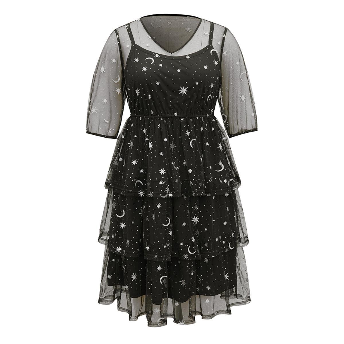 Plus Size Crochet Lace Mesh Moon & Star Dress Black Women Cocktail See through V-neck Elbow-length sleeve Curvy Midi Dress BloomChic 28/5X Product Image