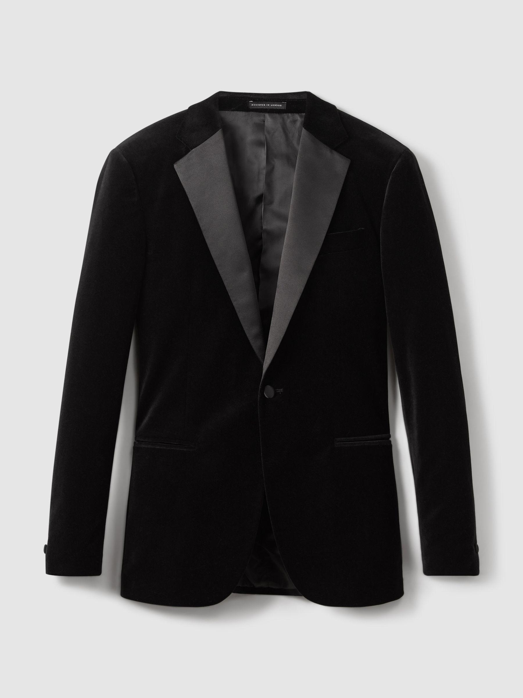 Velvet Single Breasted Slim Fit Jacket in Black Product Image