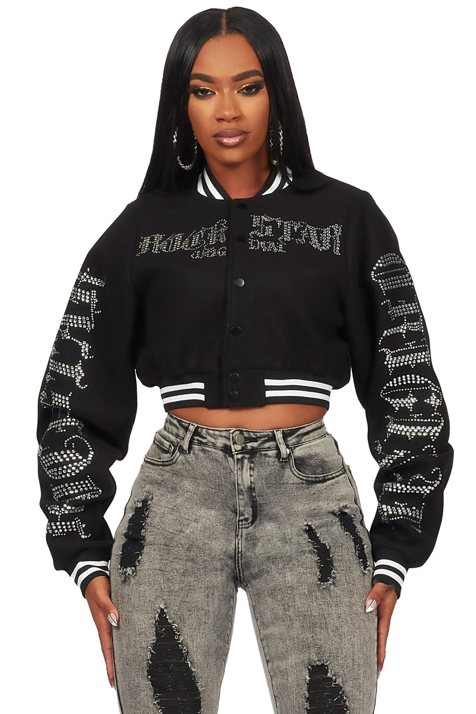 Gianni Black Crop Rhinestone Varsity Jacket Female Product Image