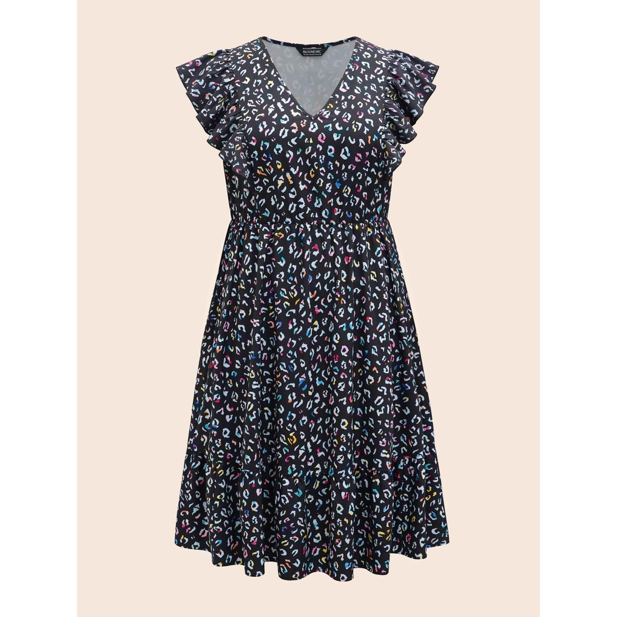 Plus Size Multi-color Leopard Print Elastic Waist Midi Dress Black Women Elegant Ruffles V-neck Cap Sleeve Curvy BloomChic 28/5X Product Image