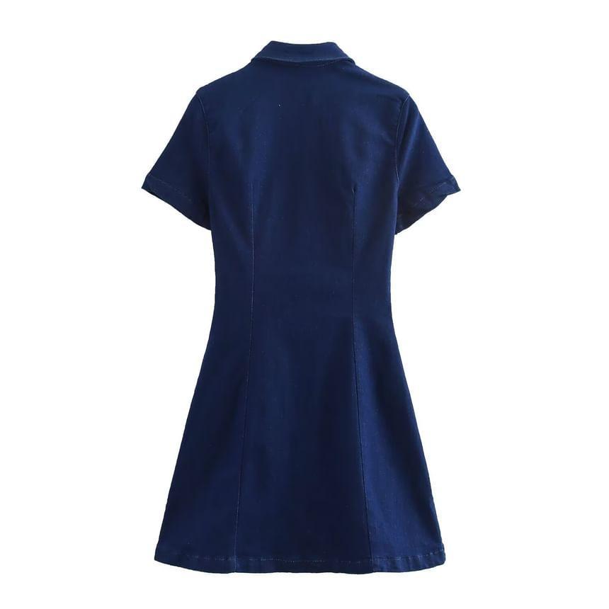 Short-Sleeve Collar Pleated Denim Button Mini A-Line Dress Product Image