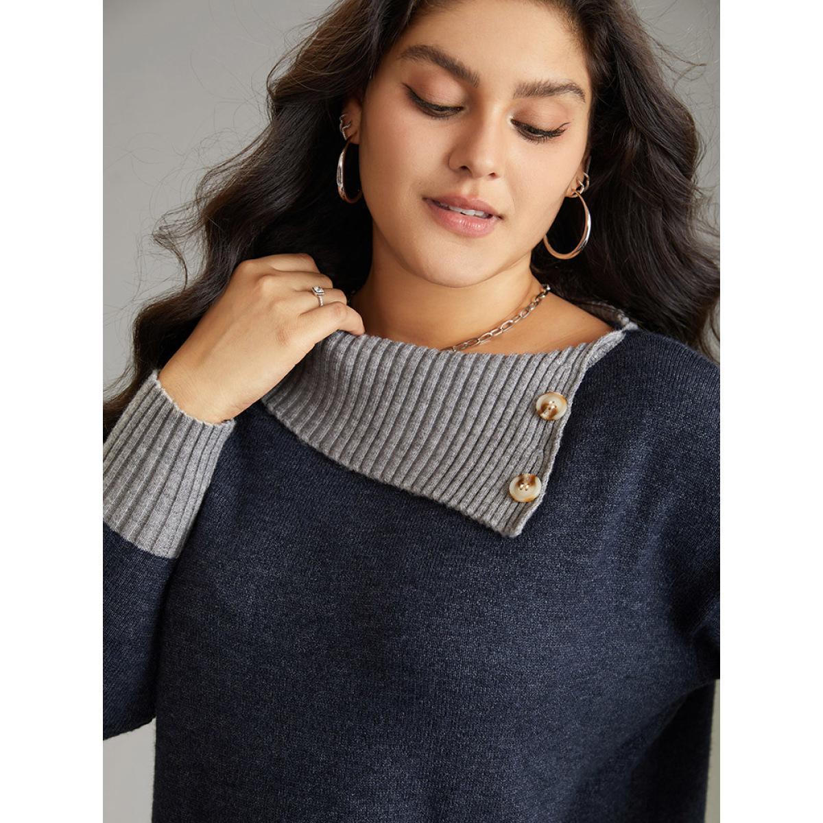 Plus Size Two Tone Button Detail Lapel Collar Pullover Midnight Women Casual Loose Long Sleeve Lapel Collar Dailywear Pullovers BloomChic 12/L Product Image