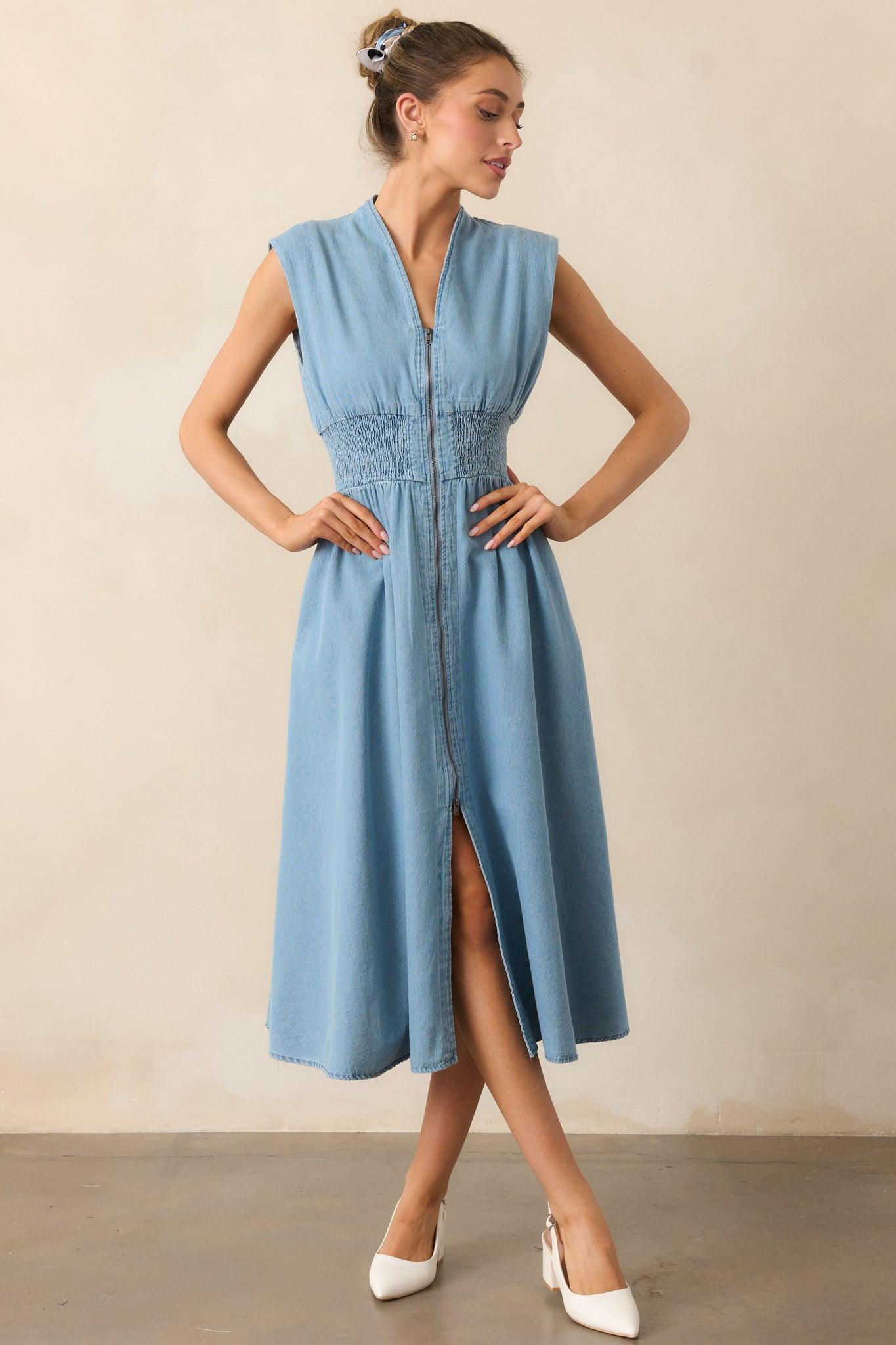 The Evette Light Wash Denim Zip Front Midi Dress Product Image