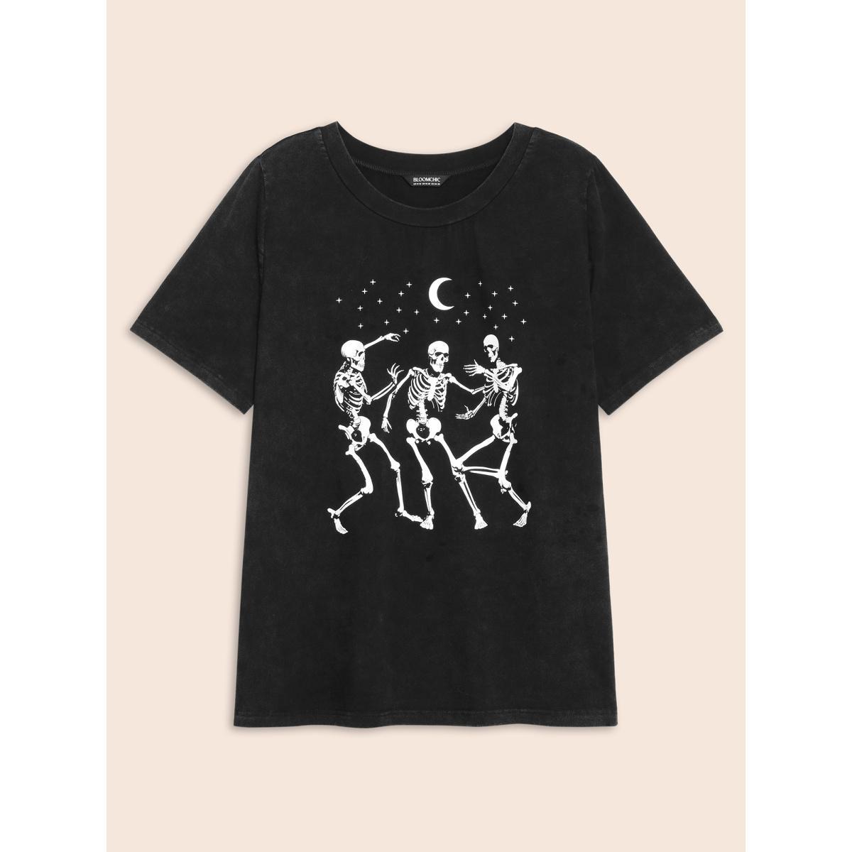 Plus Size Dancing Skeletons Printed Crew Neck T-shirt Acidwashblack Women Casual Non Halloween Round Neck Everyday T-shirts BloomChic 14-16/1X Product Image